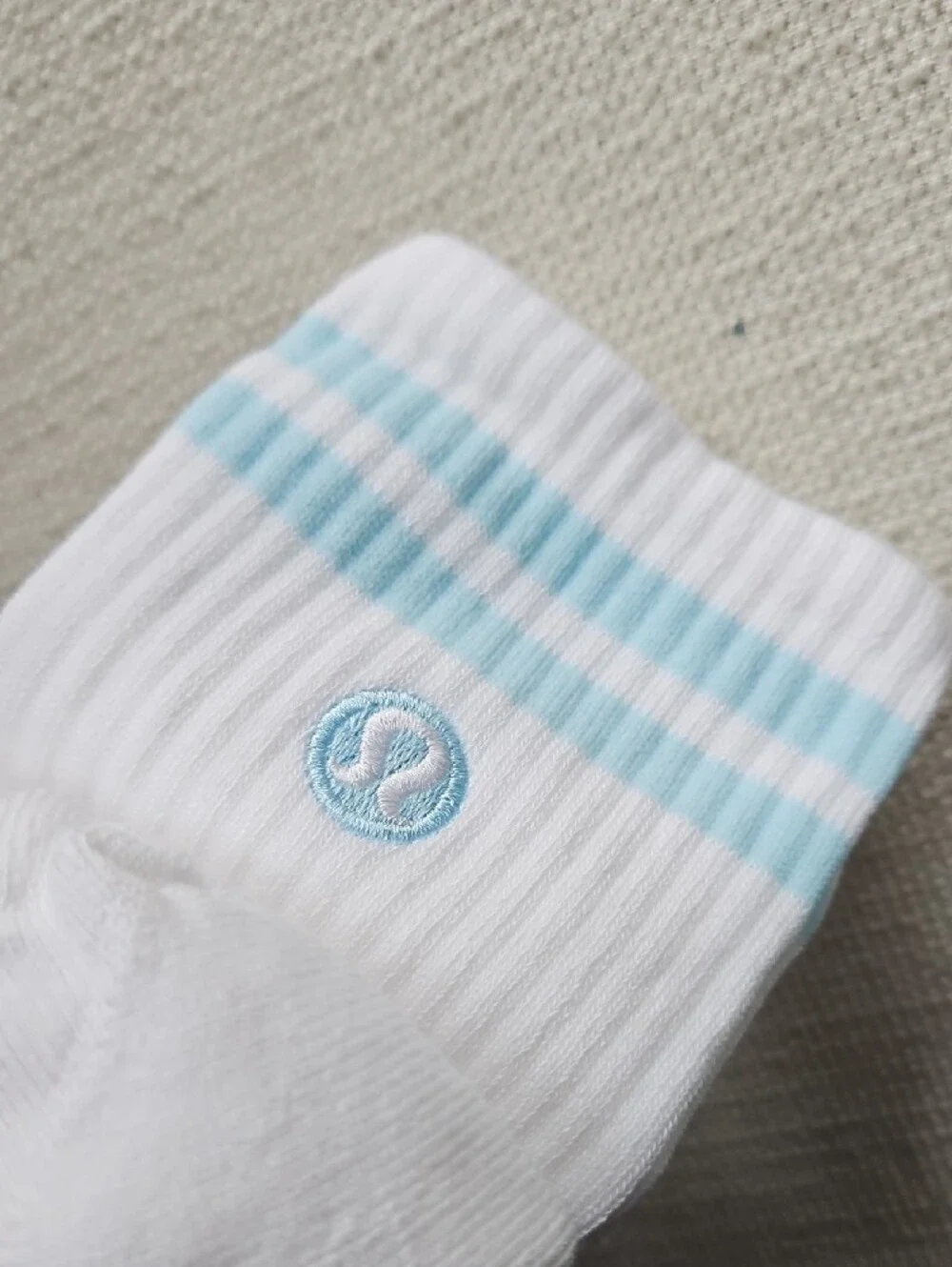 lululemon athletica White Crew Socks with Light Blue Stripes